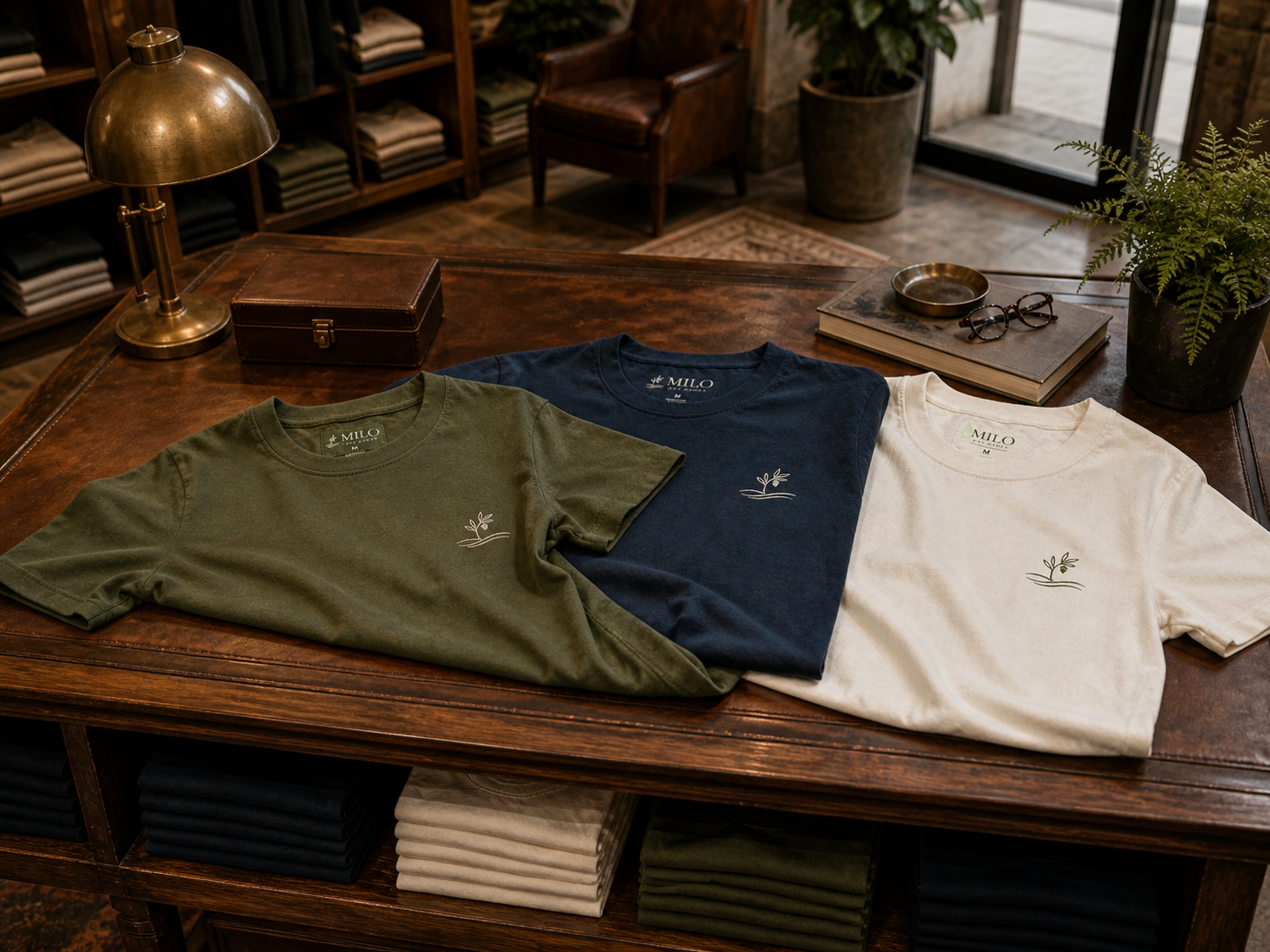 Shirt: Soft Cream / Natural Chest logo: Dusty Olive, Back neck wordmark: Dusty Olive